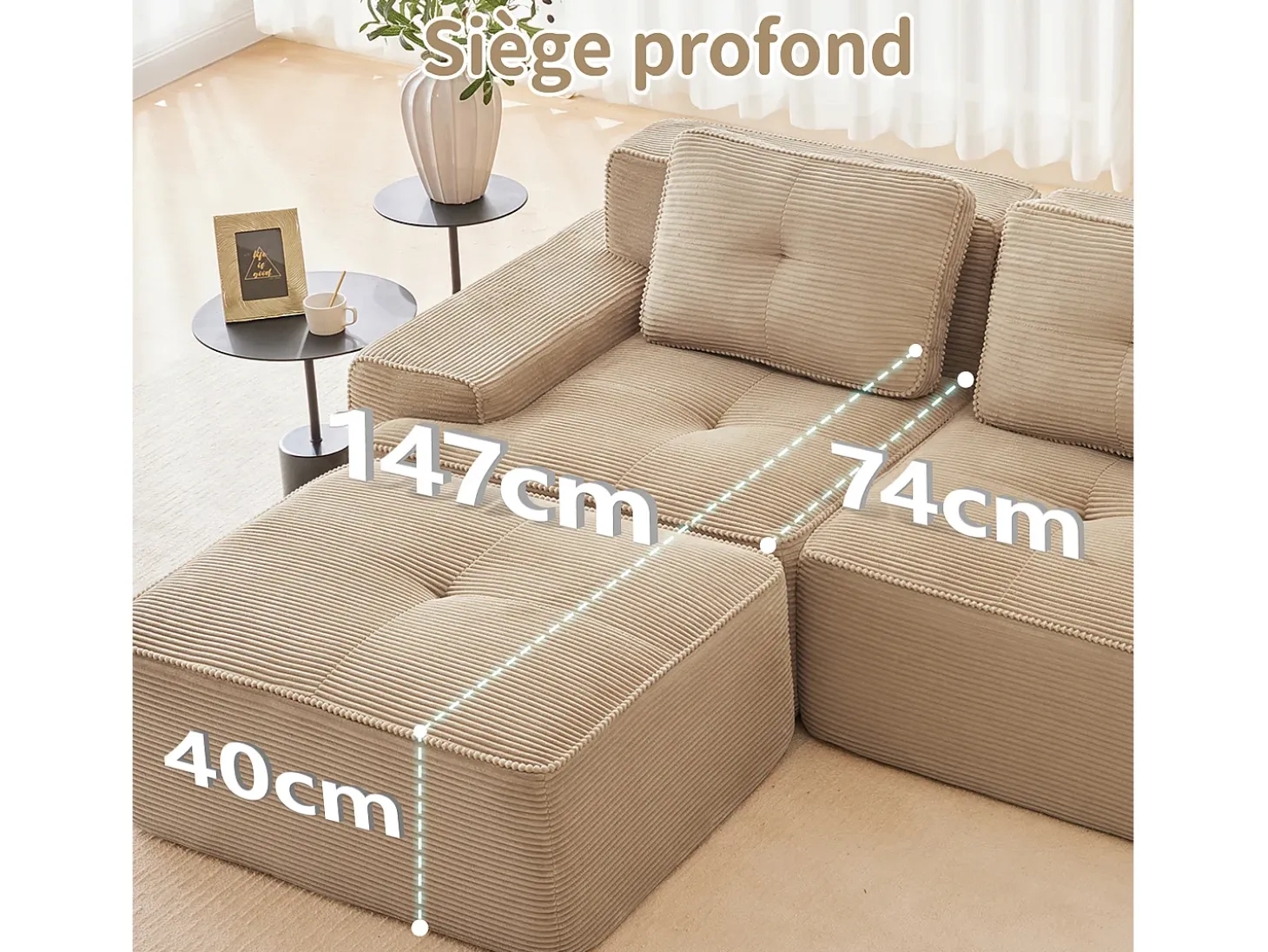 Sofá 4 plazas Esquina Modular en Pana, con 2 otomanas y 4 cojines, 382x177x69cm, Beige