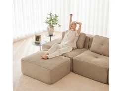 Sofá 3 plazas Esquina Modular en Pana, con otomana y 3 cojines, 293x177x69cm, Beige