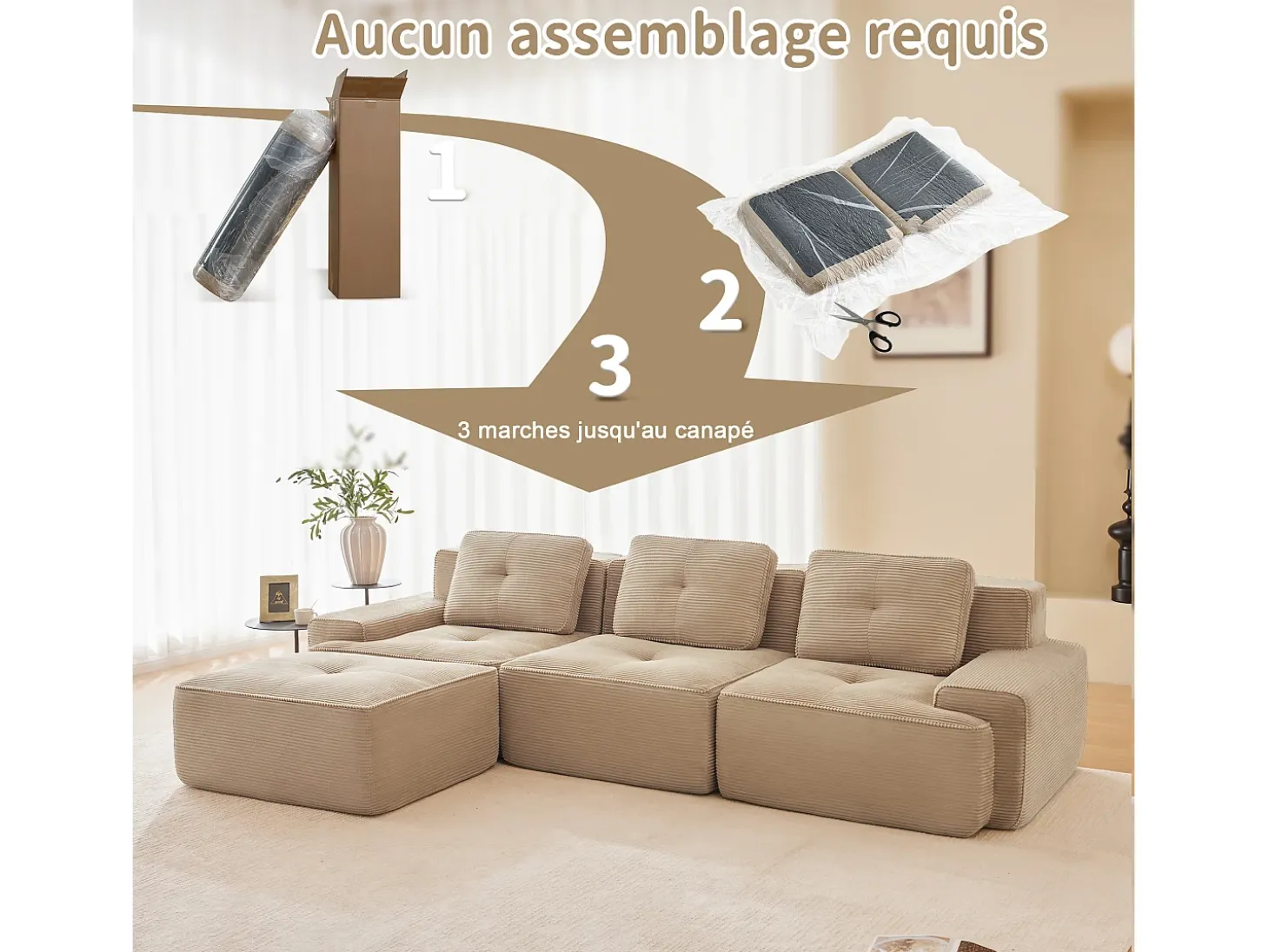 Sofá 3 plazas Esquina Modular en Pana, con otomana y 3 cojines, 293x177x69cm, Beige