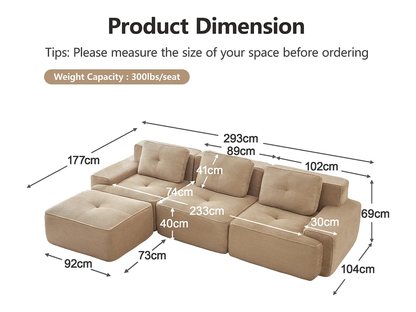 Sofá 3 plazas Esquina Modular en Pana, con otomana y 3 cojines, 293x177x69cm, Beige