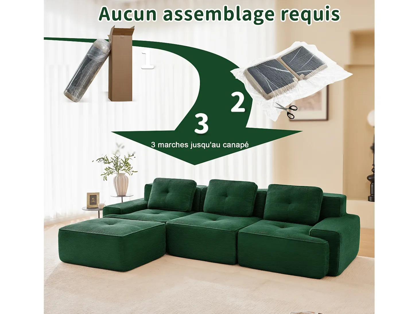 Sofá 3 plazas Esquina Modular en Pana, con otomana y 3 cojines, 293x177x69cm, Verde