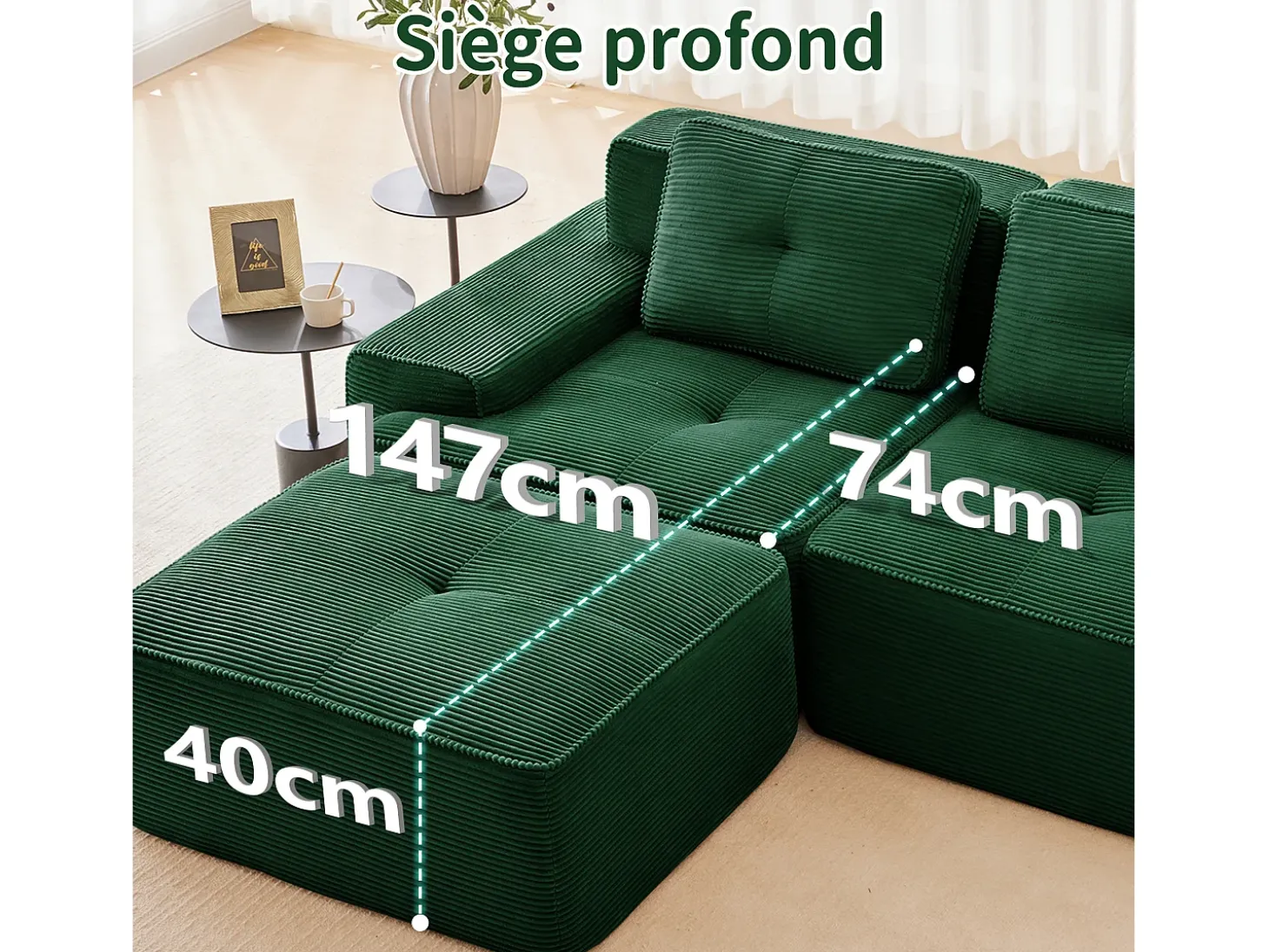 Sofá 3 plazas Esquina Modular en Pana, con otomana y 3 cojines, 293x177x69cm, Verde