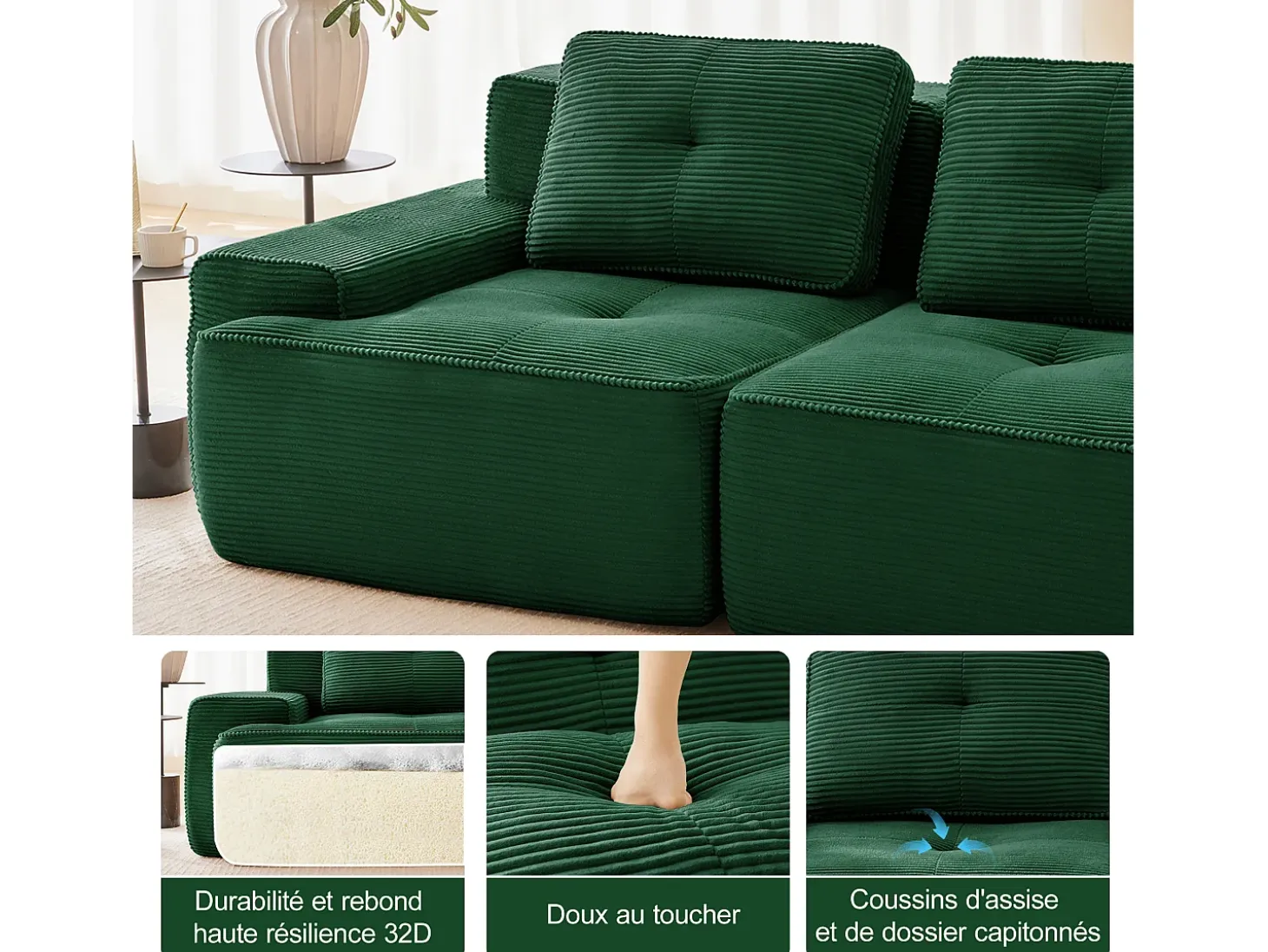 Sofá 3 plazas Esquina Modular en Pana, con otomana y 3 cojines, 293x177x69cm, Verde