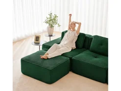 Sofá 3 plazas Esquina Modular en Pana, con otomana y 3 cojines, 293x177x69cm, Verde