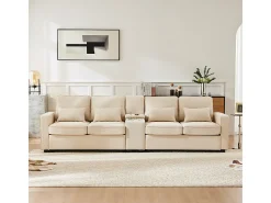 Sofá 4 plazas moderno de lino - con USB y portavasos - 4 cojines - 290x83x88cm - Beige