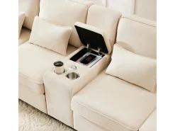 Sofá 4 plazas moderno de lino - con USB y portavasos - 4 cojines - 290x83x88cm - Beige