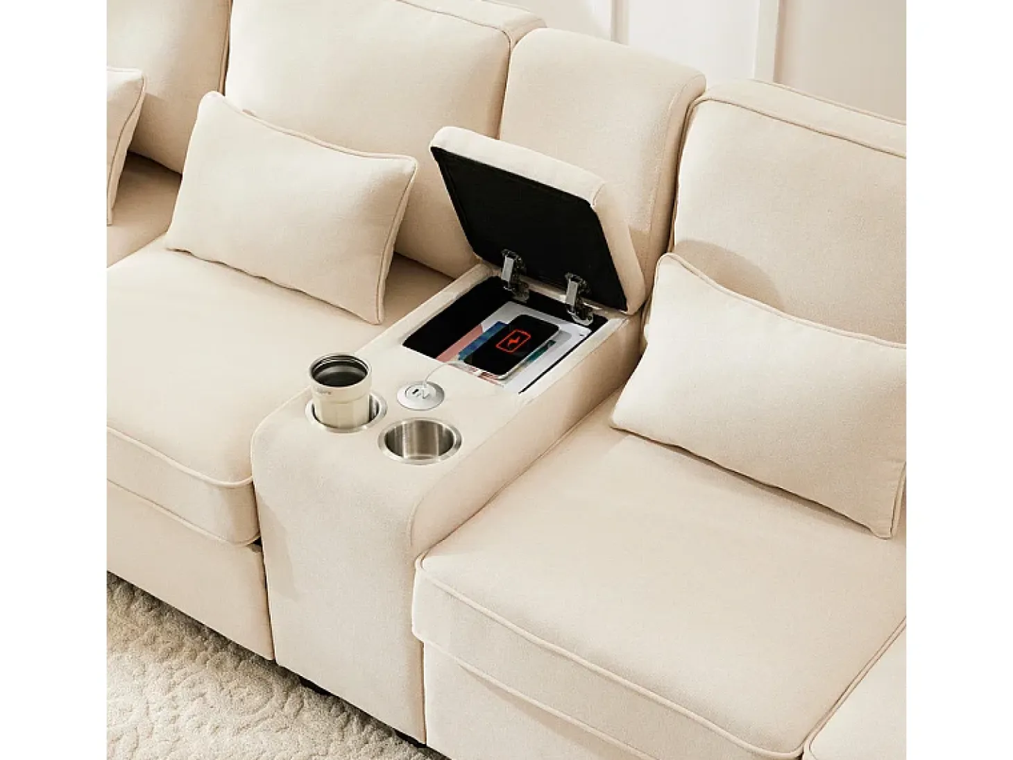Sofá 4 plazas moderno de lino - con USB y portavasos - 4 cojines - 290x83x88cm - Beige