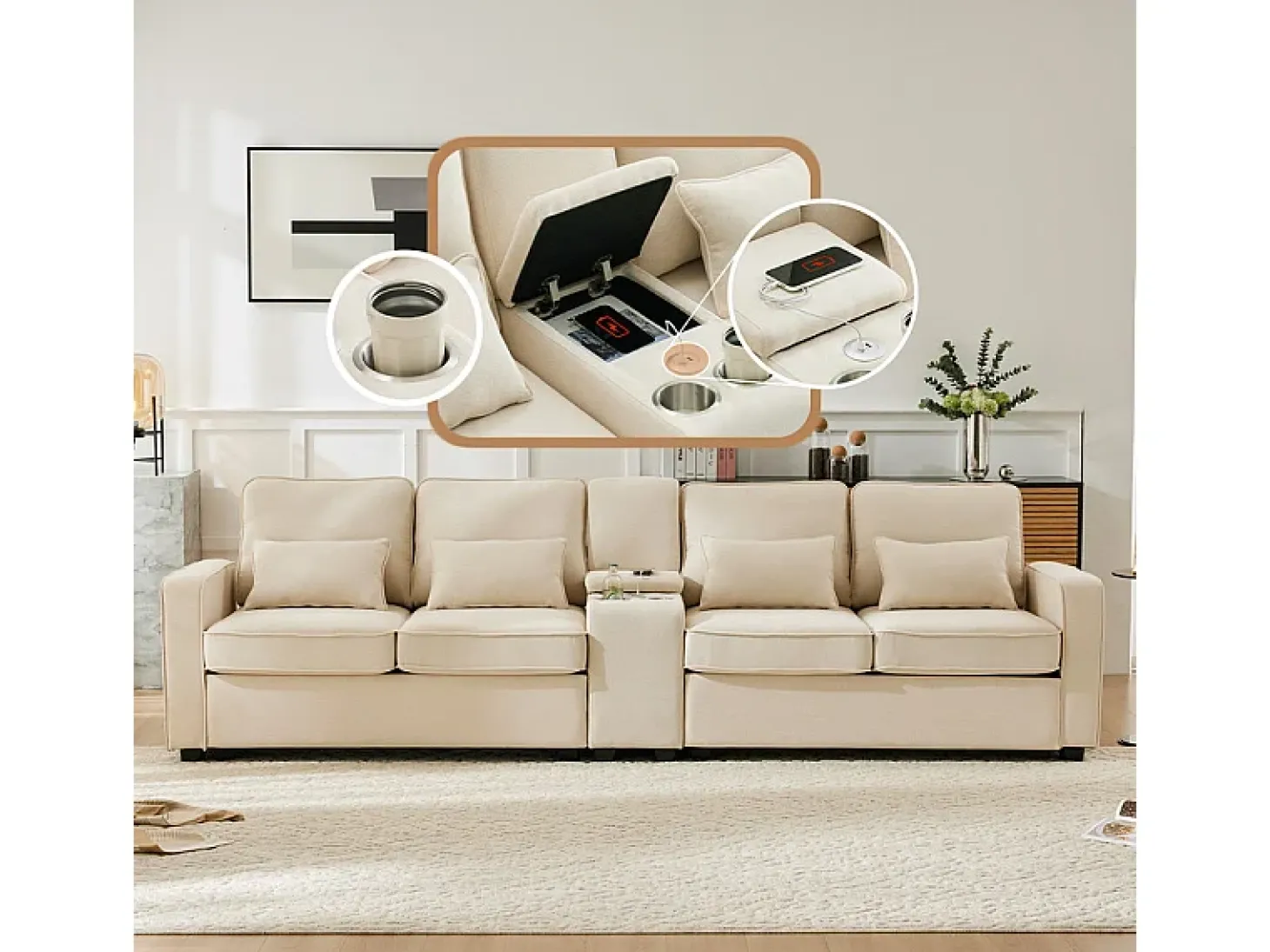 Sofá 4 plazas moderno de lino - con USB y portavasos - 4 cojines - 290x83x88cm - Beige