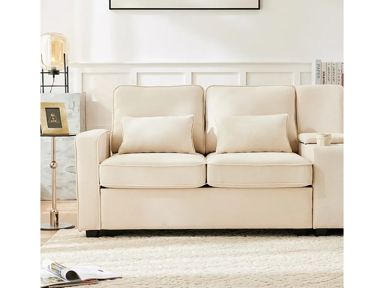 Sofá 4 plazas moderno de lino - con USB y portavasos - 4 cojines - 290x83x88cm - Beige