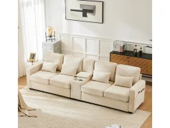 Sofá 4 plazas moderno de lino - con USB y portavasos - 4 cojines - 290x83x88cm - Beige