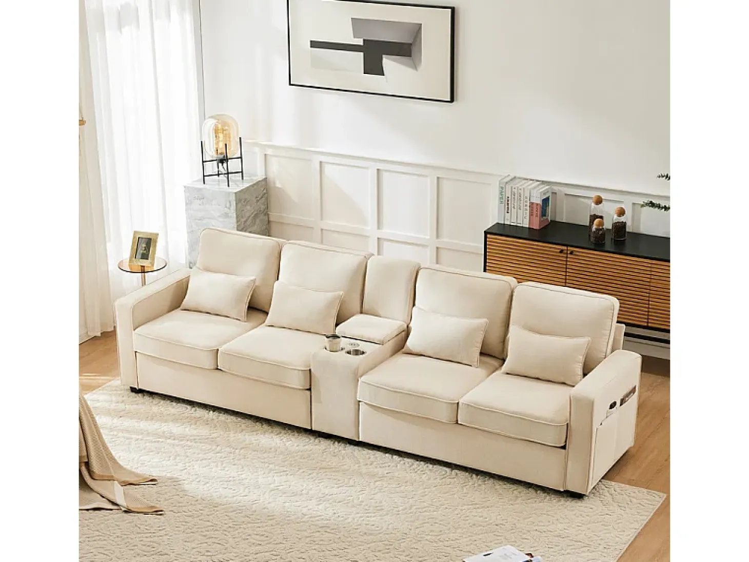 Sofá 4 plazas moderno de lino - con USB y portavasos - 4 cojines - 290x83x88cm - Beige