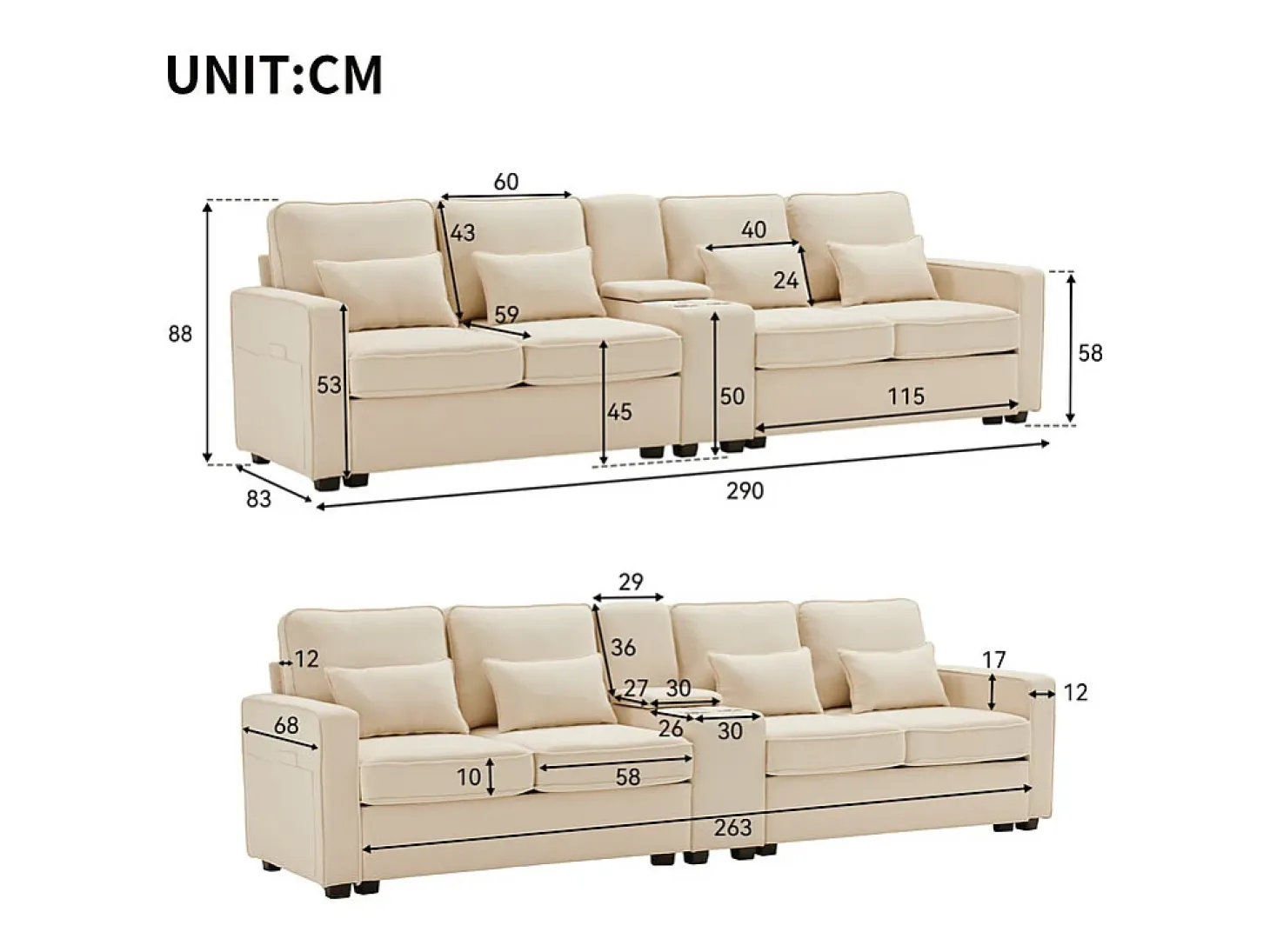 Sofá 4 plazas moderno de lino - con USB y portavasos - 4 cojines - 290x83x88cm - Beige