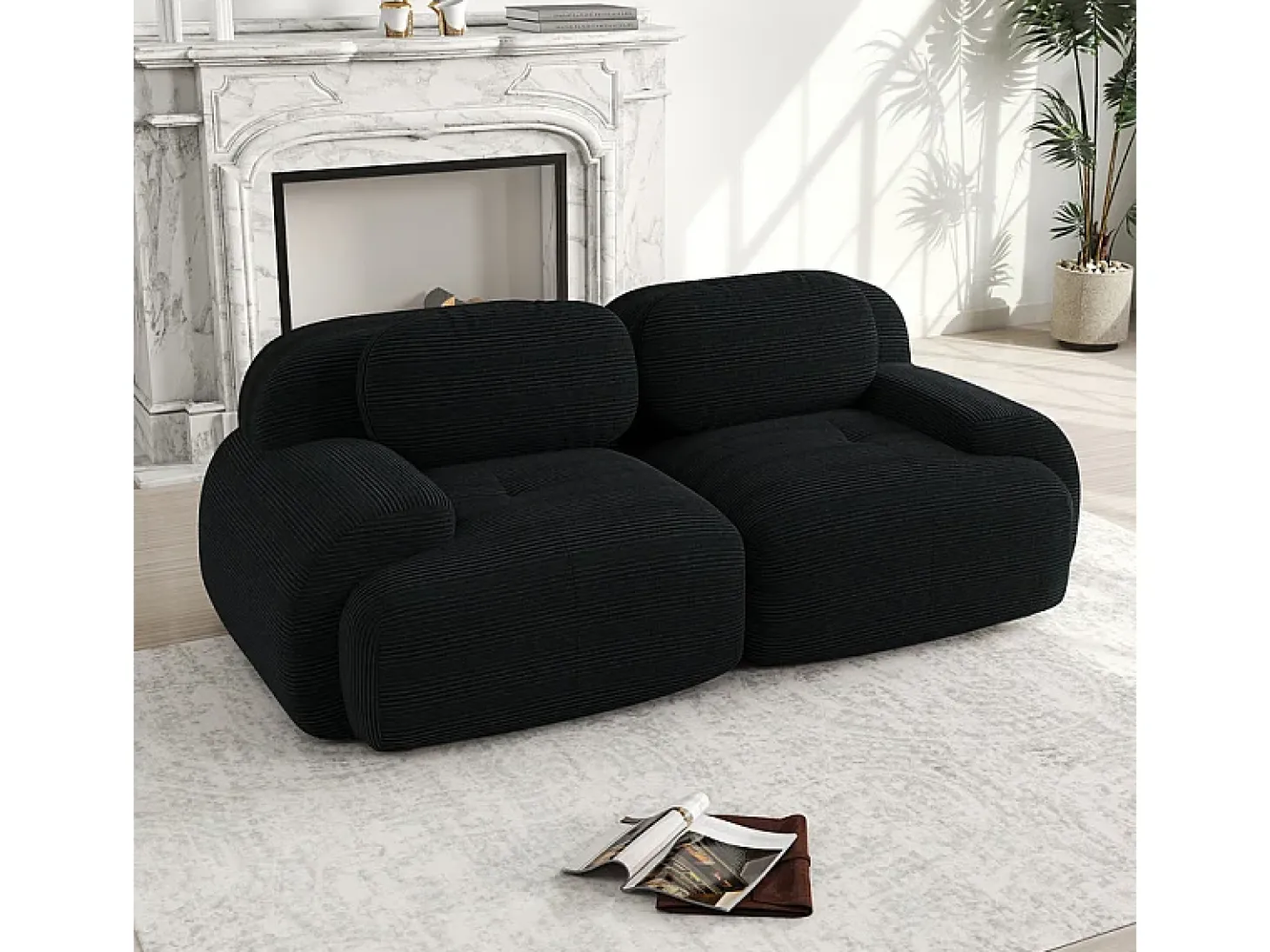 Sofá 2 Plazas Modular de Pana Acanalada - con 2 Cojines - 208x103x75cm - Negro