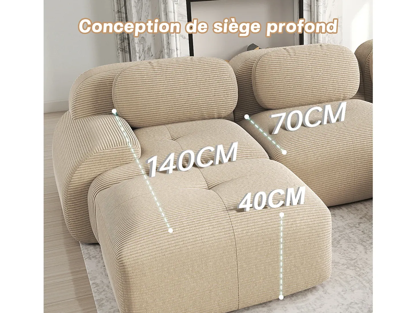 Sofá 2 Plazas Modular de Pana Acanalada - con 2 Cojines - 208x103x75cm - Beige