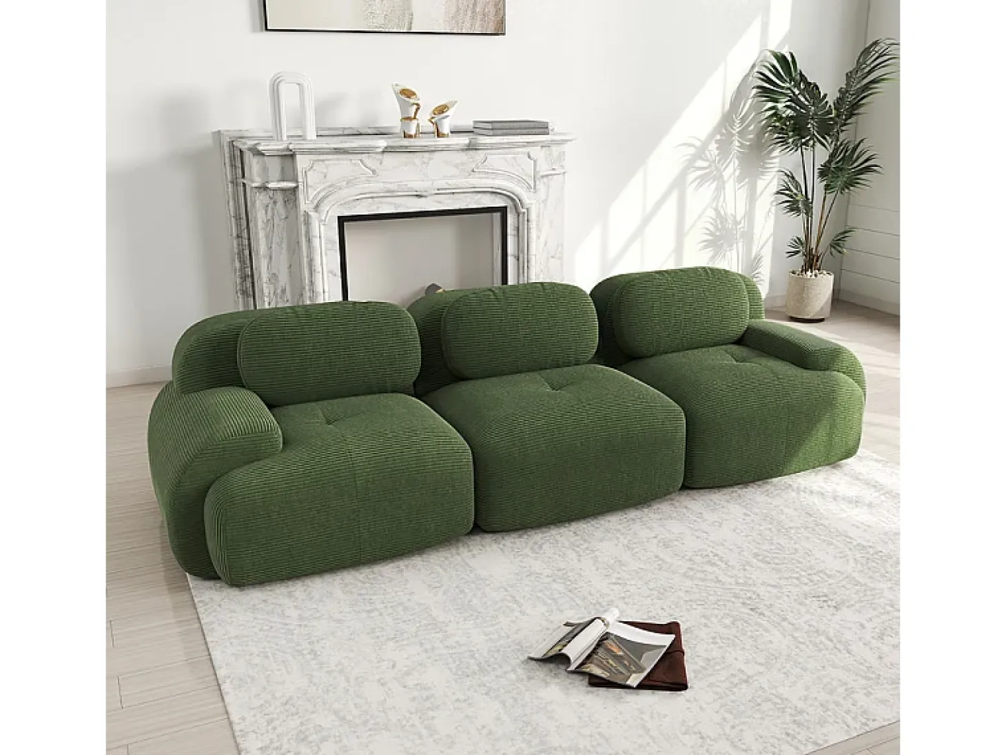 Sofá 3 Plazas Modular de Pana Acanalada - con 3 Cojines - 298x103x75cm - Verde