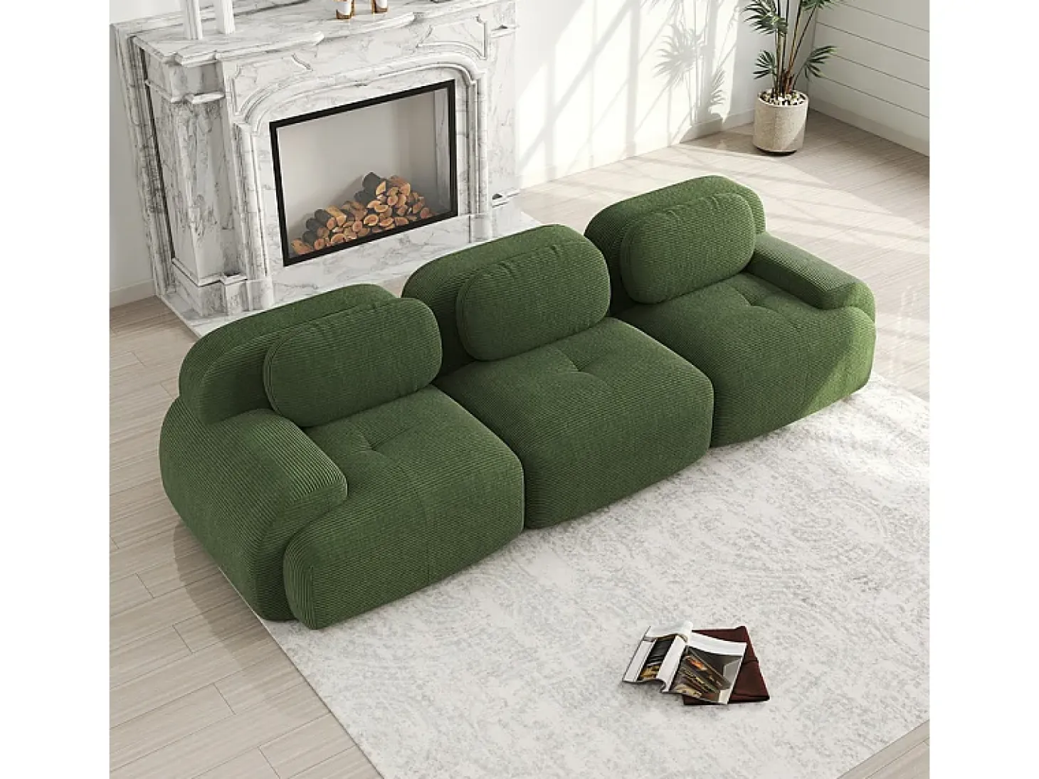 Sofá 3 Plazas Modular de Pana Acanalada - con 3 Cojines - 298x103x75cm - Verde