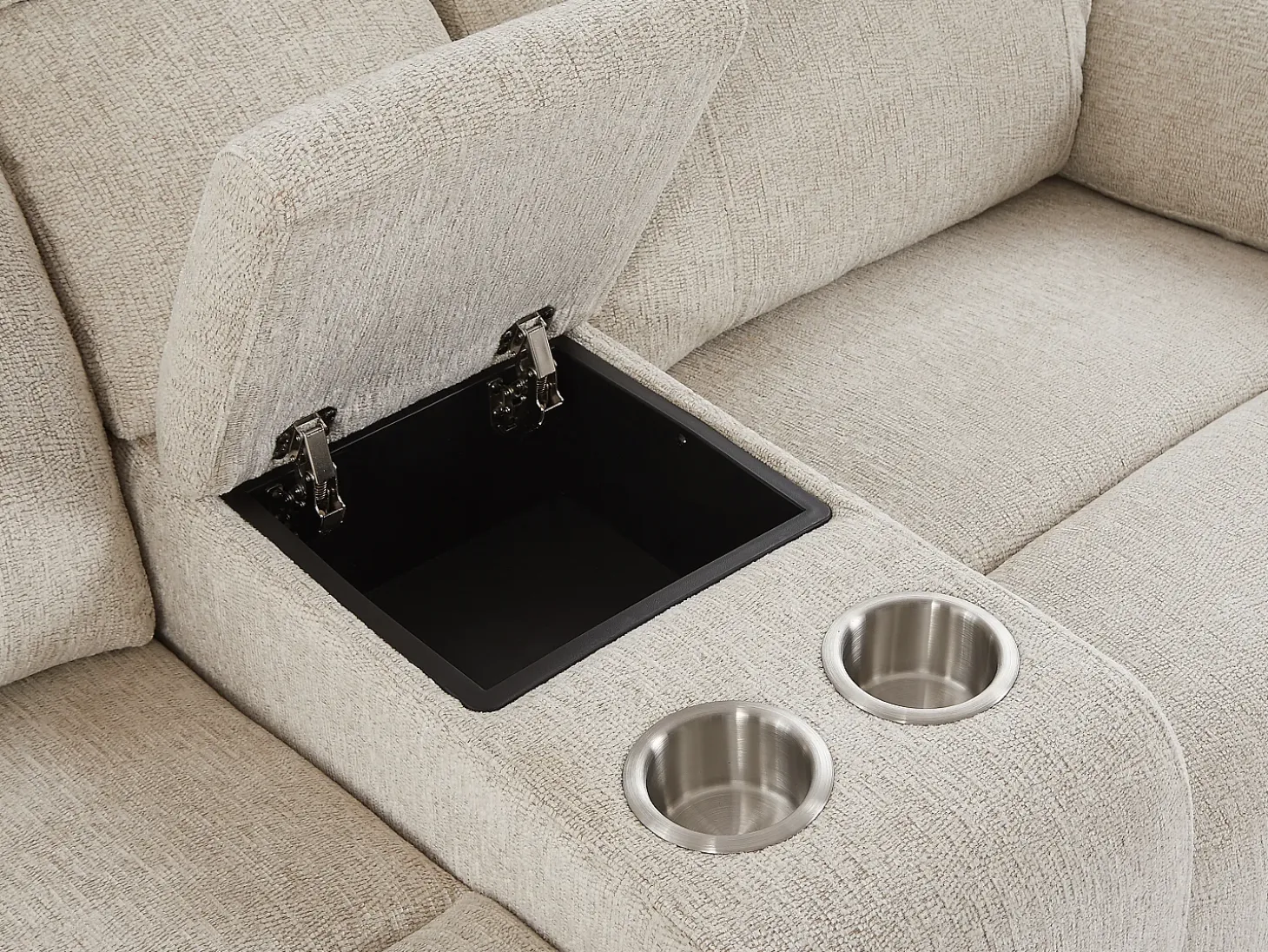 Sofá 2 plazas relax eléctrico con mesa en chenilla beige KELUNO