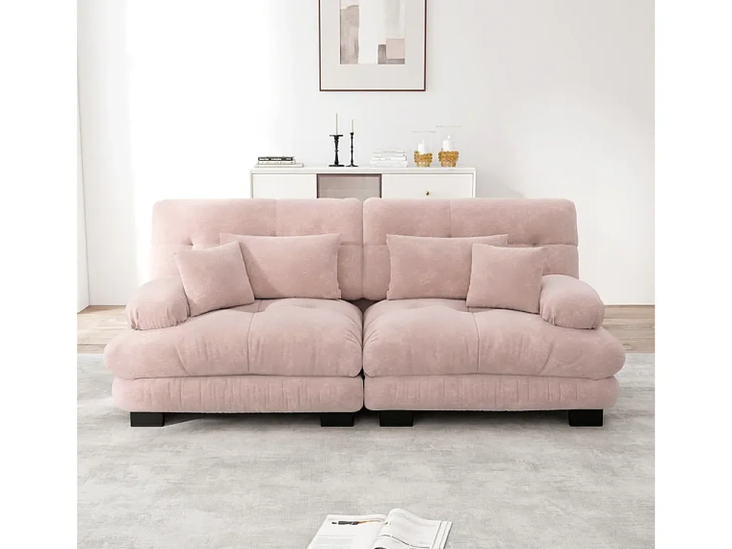 Sofá 2 plazas rosa - con 4 cojines - estructura madera maciza + tejido felpa - 220x77x81cm