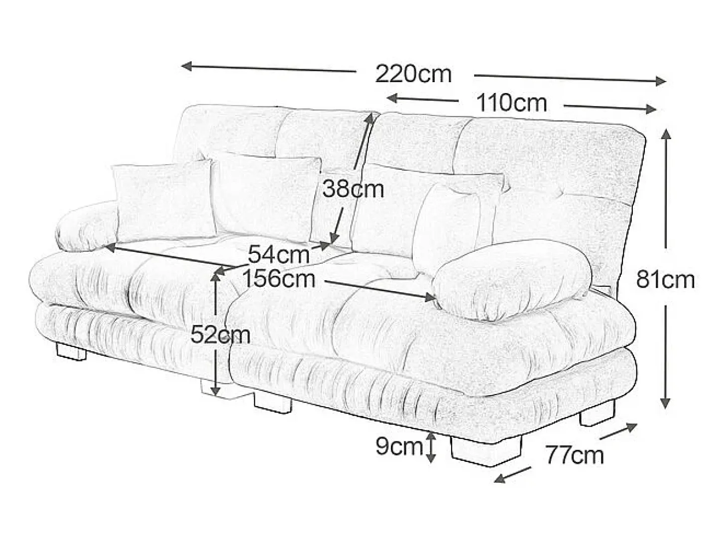 Sofá 2 plazas rosa - con 4 cojines - estructura madera maciza + tejido felpa - 220x77x81cm