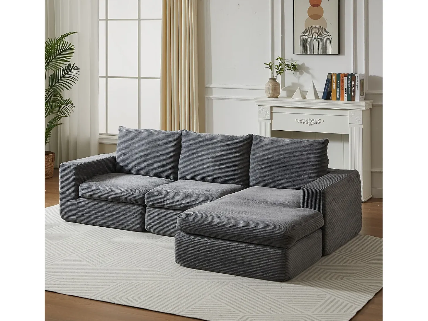 Sofá 3 plazas, sofá rinconero con respaldo tapizado y reposabrazos - Pana gris oscuro