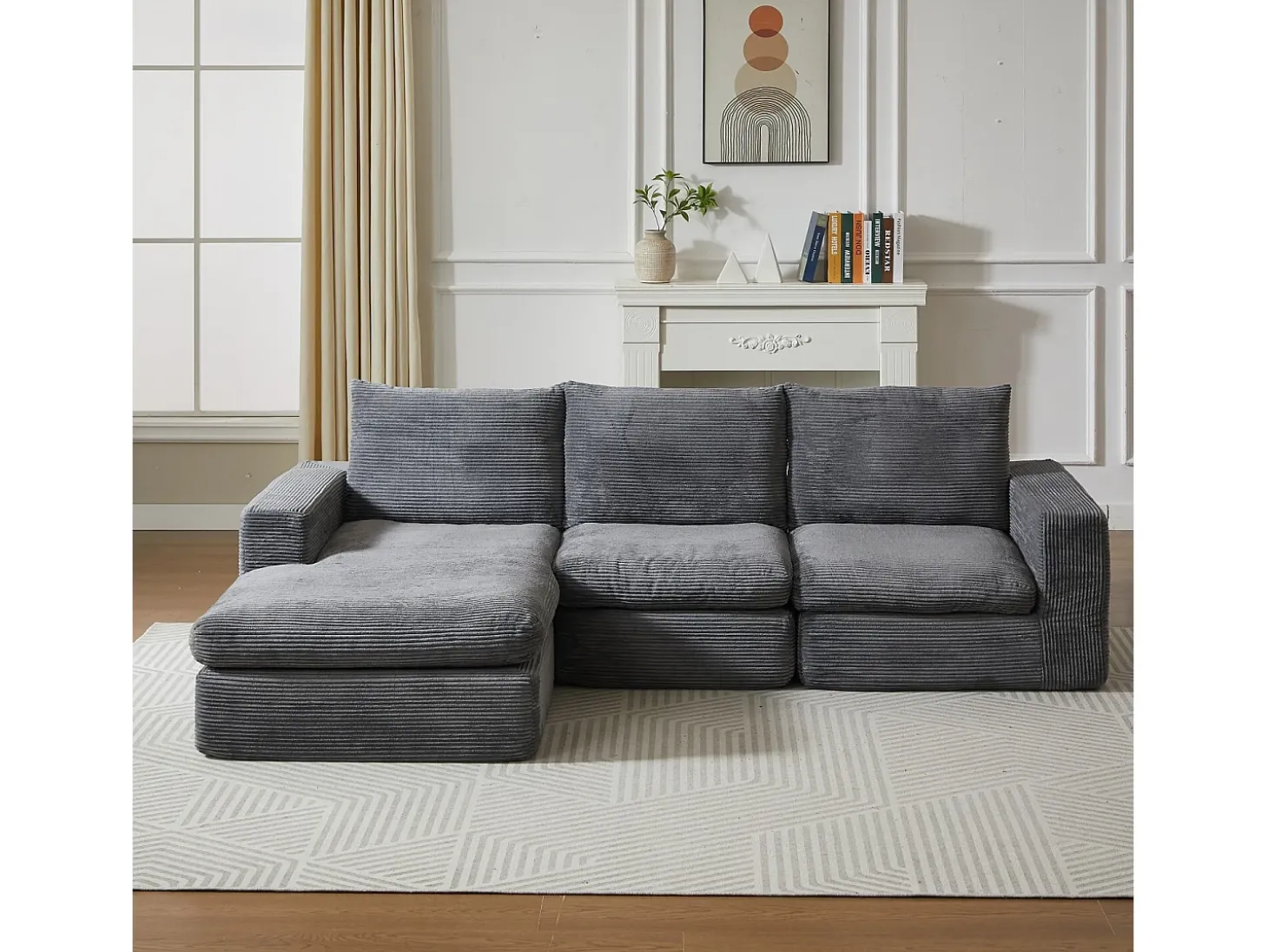 Sofá 3 plazas, sofá rinconero con respaldo tapizado y reposabrazos - Pana gris oscuro