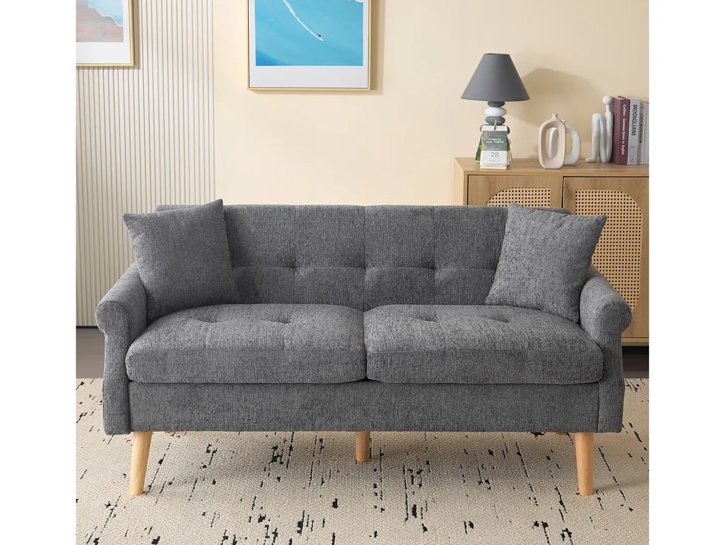 Sofá 2 plazas tapizado en chenilla - 162x74x77 cm - Gris
