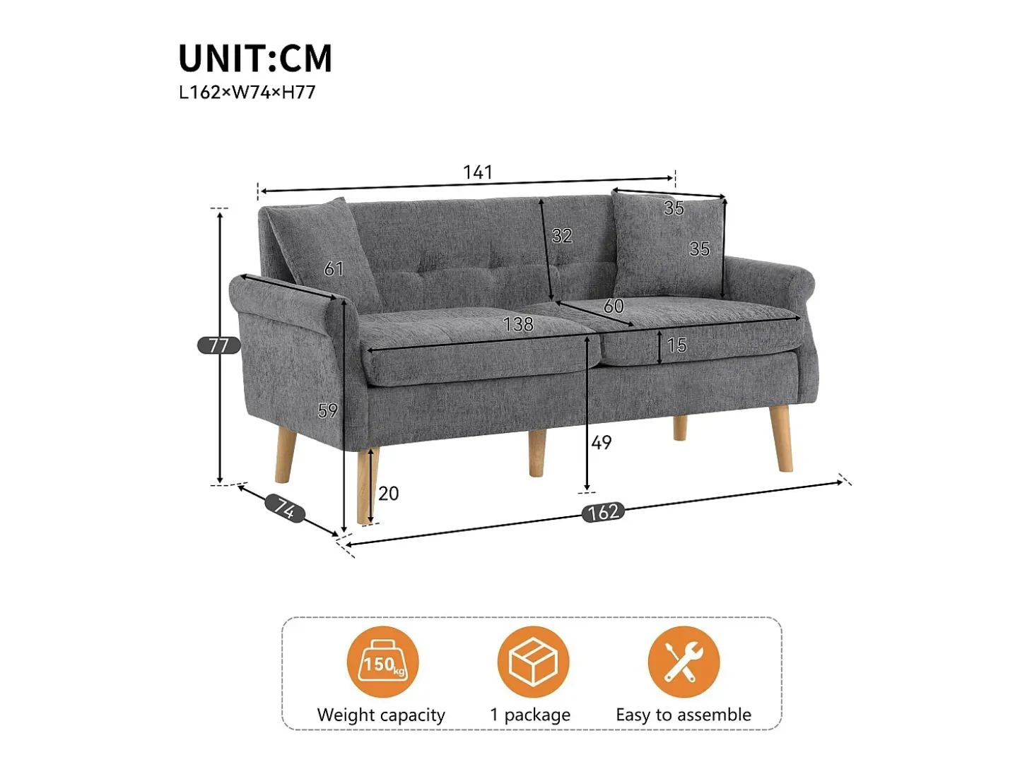 Sofá 2 plazas tapizado en chenilla - 162x74x77 cm - Gris