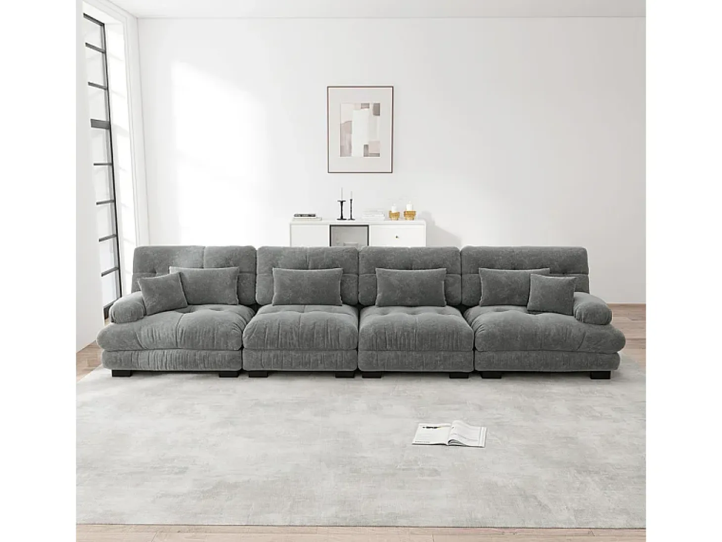 Sofá 4 plazas tejido felpa gris - con 6 cojines - estructura madera maciza - 406x77x81cm