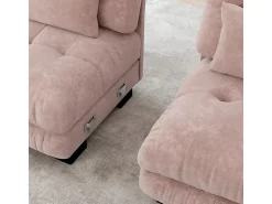 Sofá 4 plazas tejido felpa rosa - con 6 cojines - estructura madera maciza - 406x77x81cm