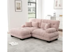 Sofá angular 2 plazas de tejido Chenilla, con 4 cojines, otomana extraíble, combinación DIY, 220x145x81cm, Rosa