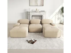 Sofá angular 3 plazas modular - de Pana - con 3 cojines y 2 otomanas - 298x178x75cm - Beige