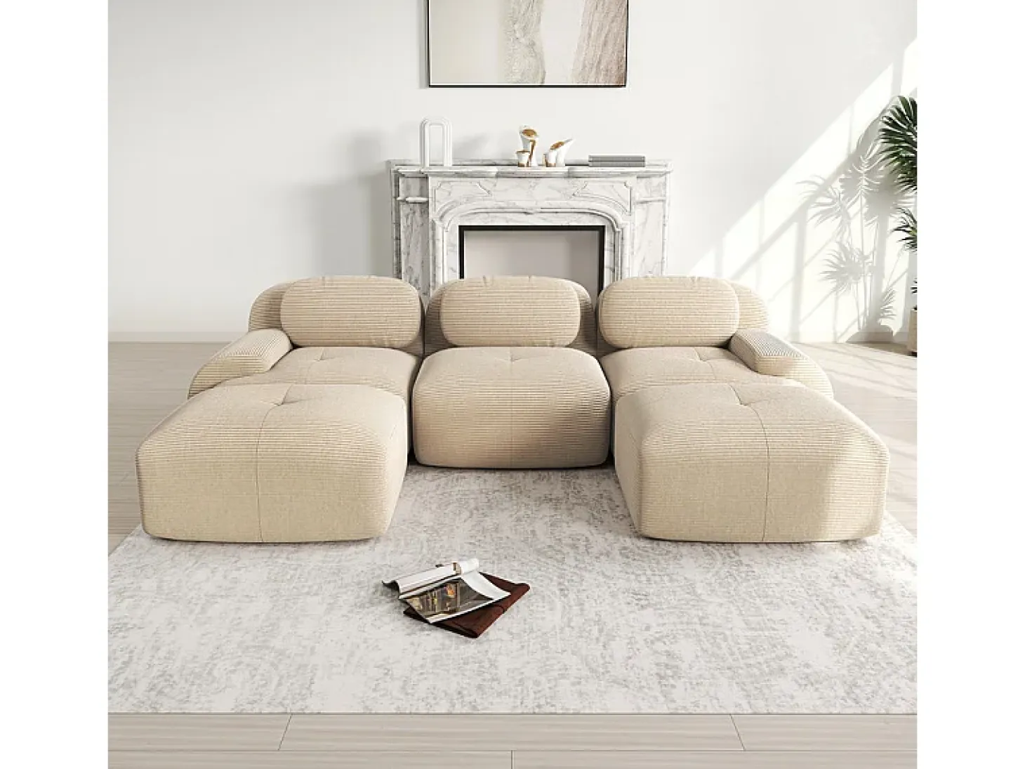 Sofá angular 3 plazas modular - de Pana - con 3 cojines y 2 otomanas - 298x178x75cm - Beige