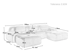 Sofá angular 3 plazas modular - de Pana - con 3 cojines y 2 otomanas - 298x178x75cm - Beige