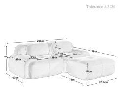 Sofá angular 2 plazas modular - de Pana - con 2 cojines y otomana - ergonómico - 208x178x75cm - Negro