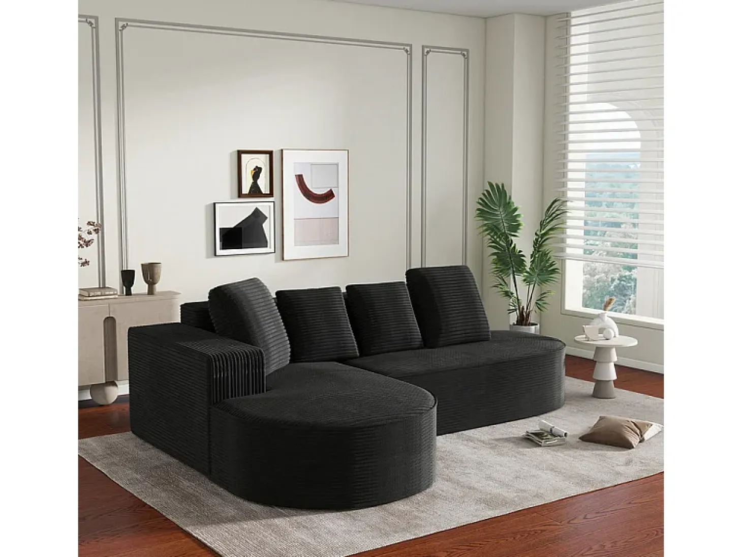 Sofá angular izquierdo de Pana de canalé grueso con 4 cojines - 265x67x40,5cm - Negro