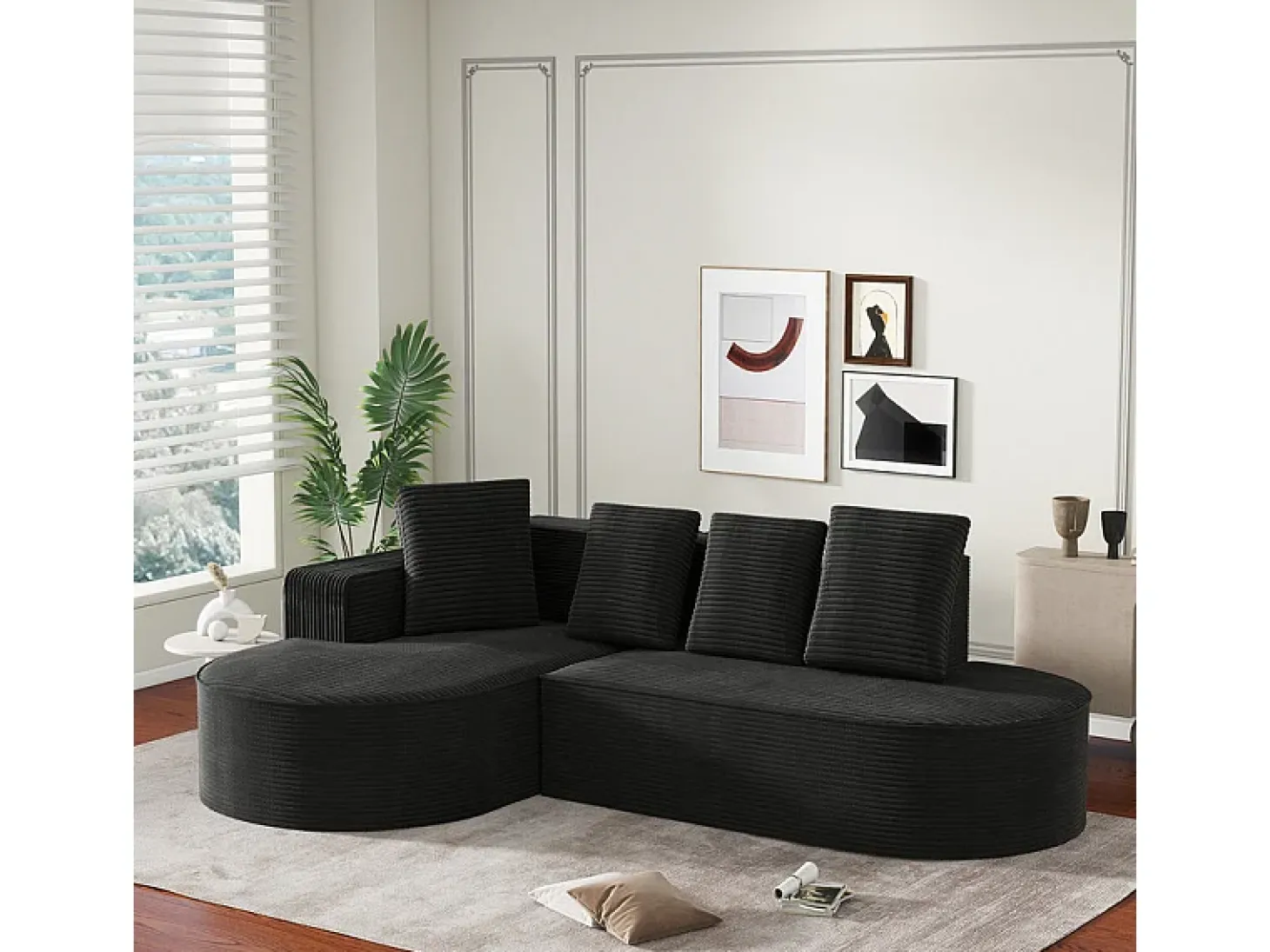 Sofá angular izquierdo de Pana de canalé grueso con 4 cojines - 265x67x40,5cm - Negro