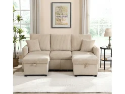 Sofá angular multifunción en U - 3 plazas - con almacenamiento - con cajones - beige