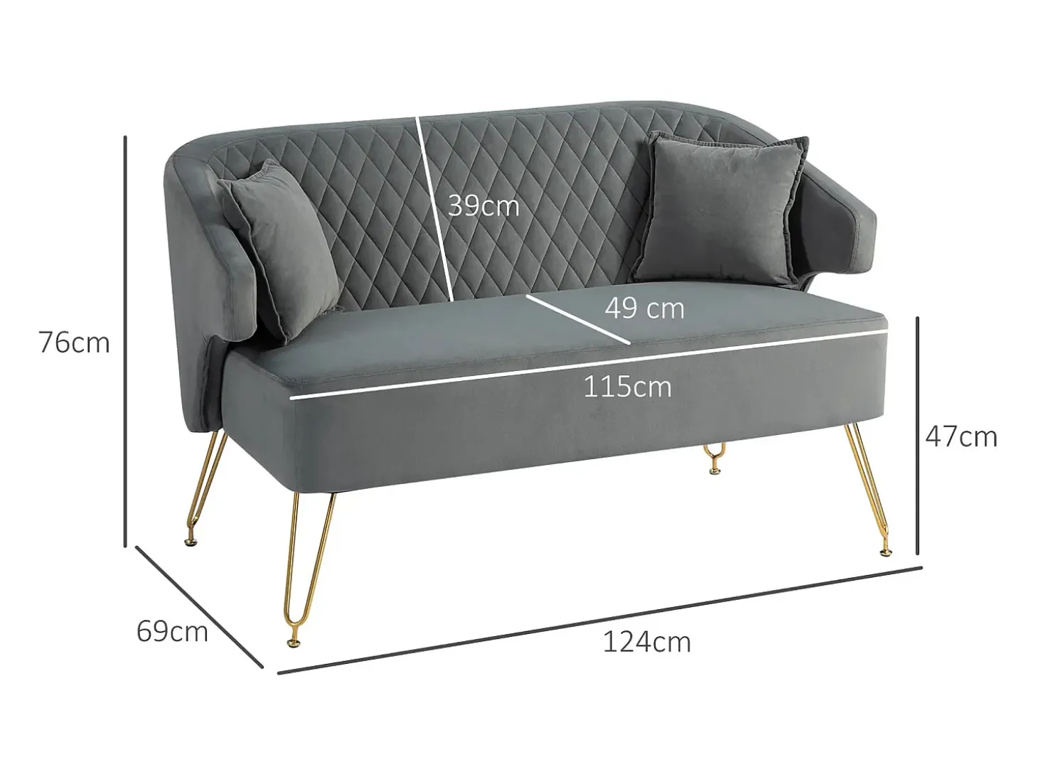 Sofá Azaki Homcom 2 plazas + almohadas + reposabrazos gris 76x124x69 cm