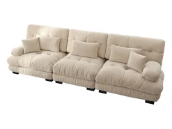 Sofá beige de 3 plazas - Sofá recto con 3 cojines lumbares y 3 cojines decorativos - chenilla
