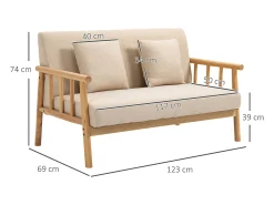 Sofá beige de 2 plazas - Sofá con reposabrazos y cojines - para dormitorio y salón