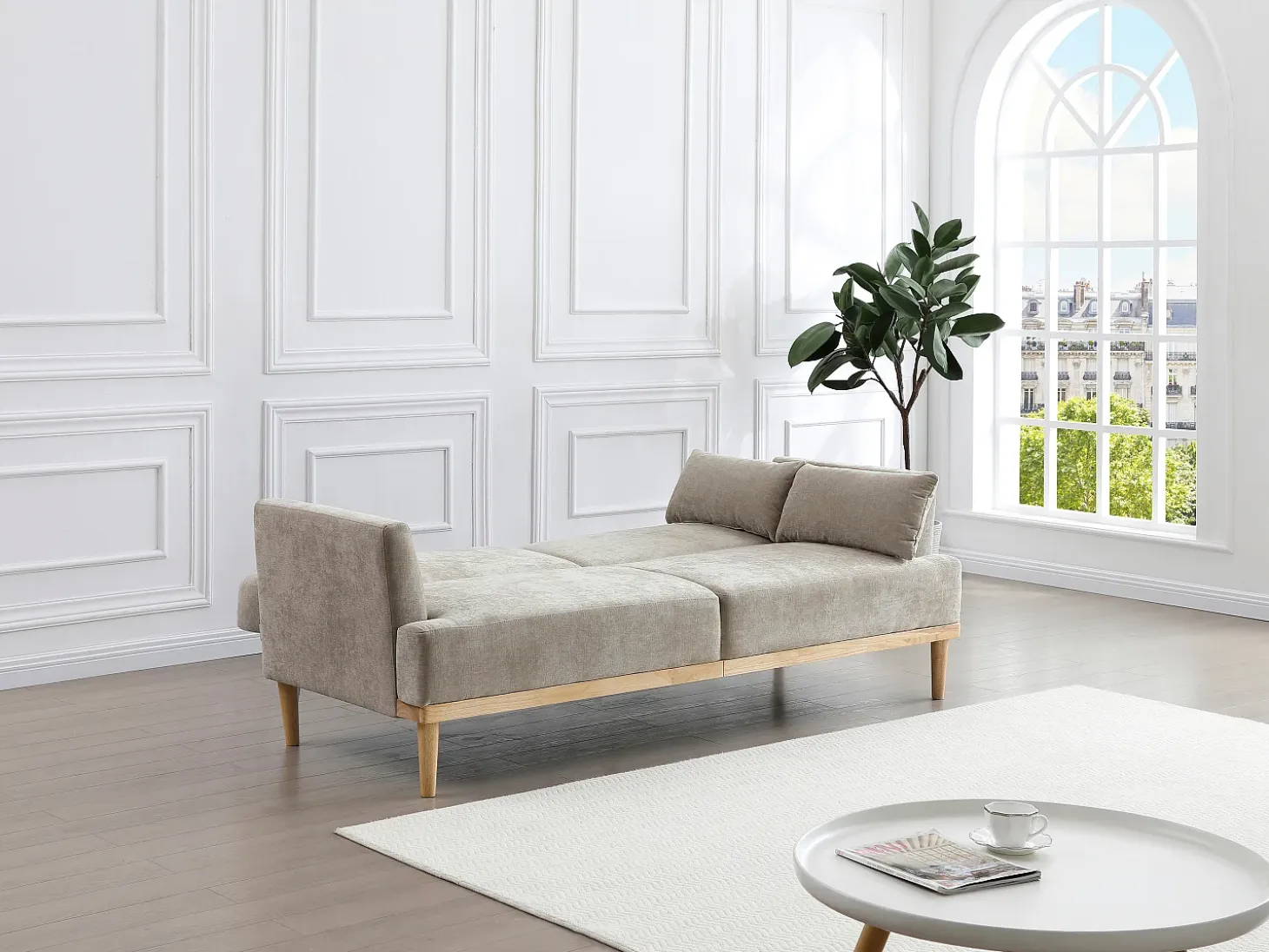 Sofá cama 3 plazas clic-clac de tela beige AMBRILO