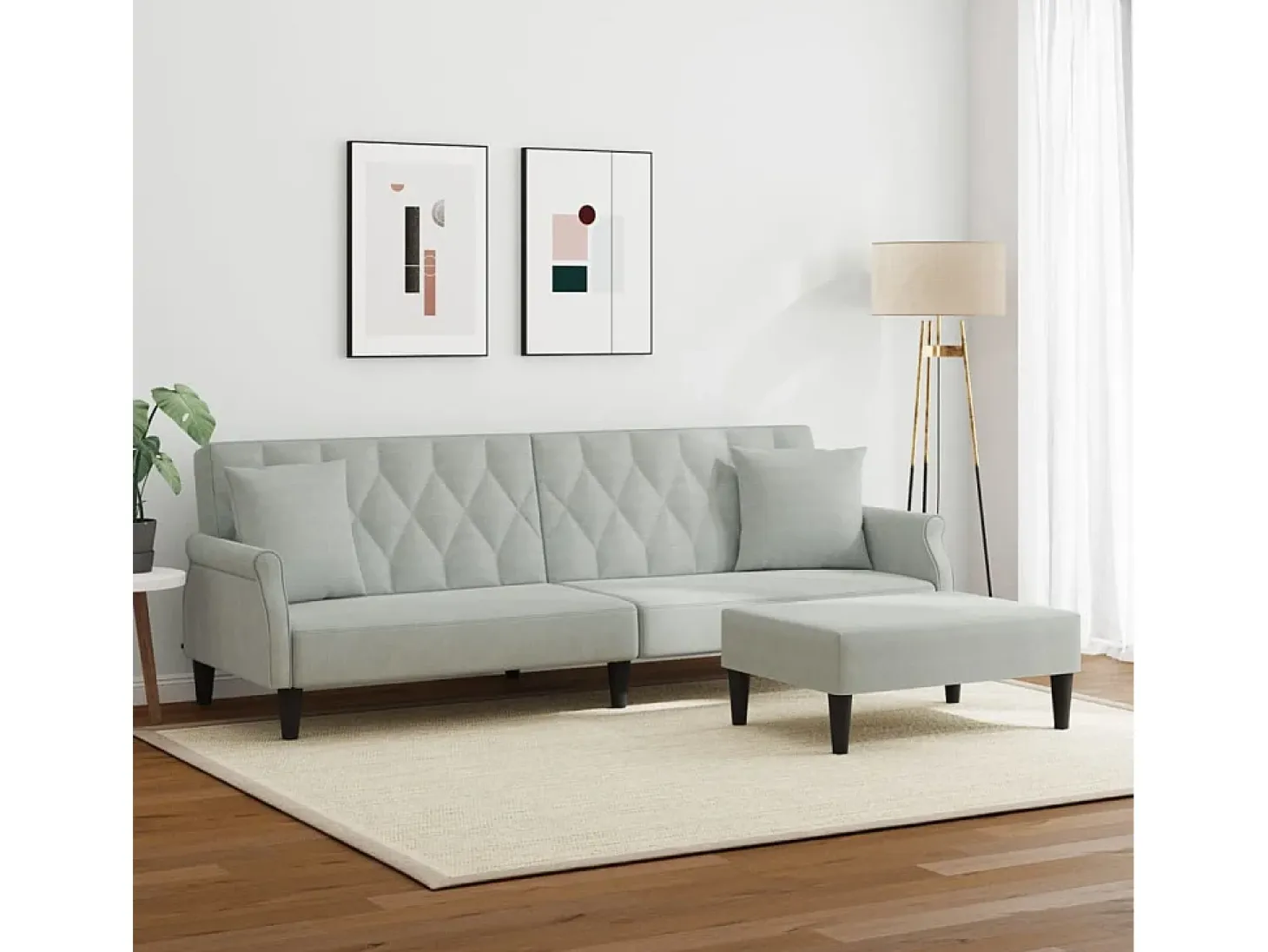 Sofá cama 2 plazas con almohadas taburete terciopelo gris claro
