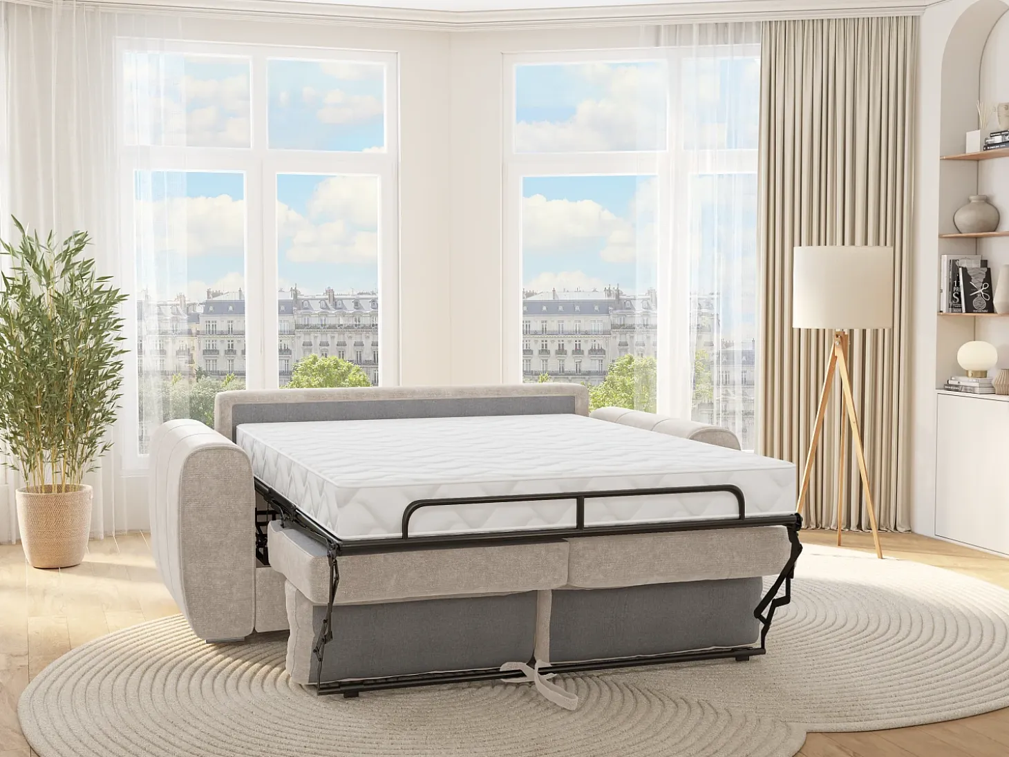 Sofá cama 3 plazas de apertura rápida de tela beige. Cama de 140 cm - Colchón de 14 cm BOLIPO