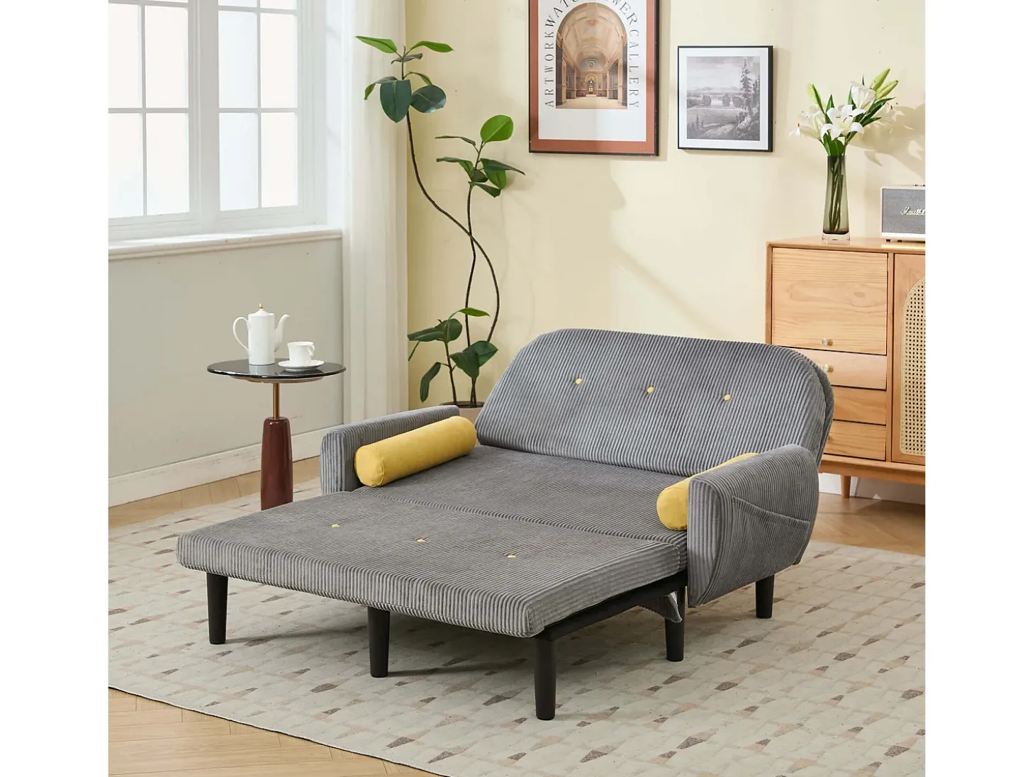 Sofá cama 2 plazas de pana gris - convertible en cama o chaise longue