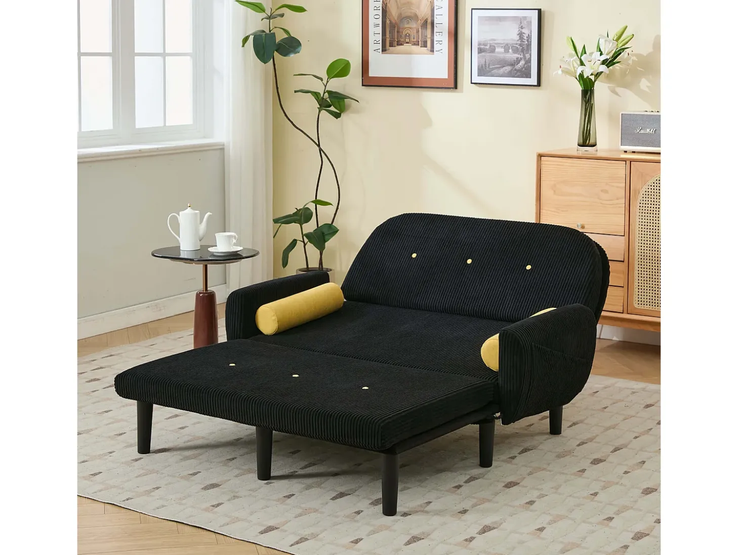 Sofá cama 2 plazas de pana negra - convertible en cama o chaise longue
