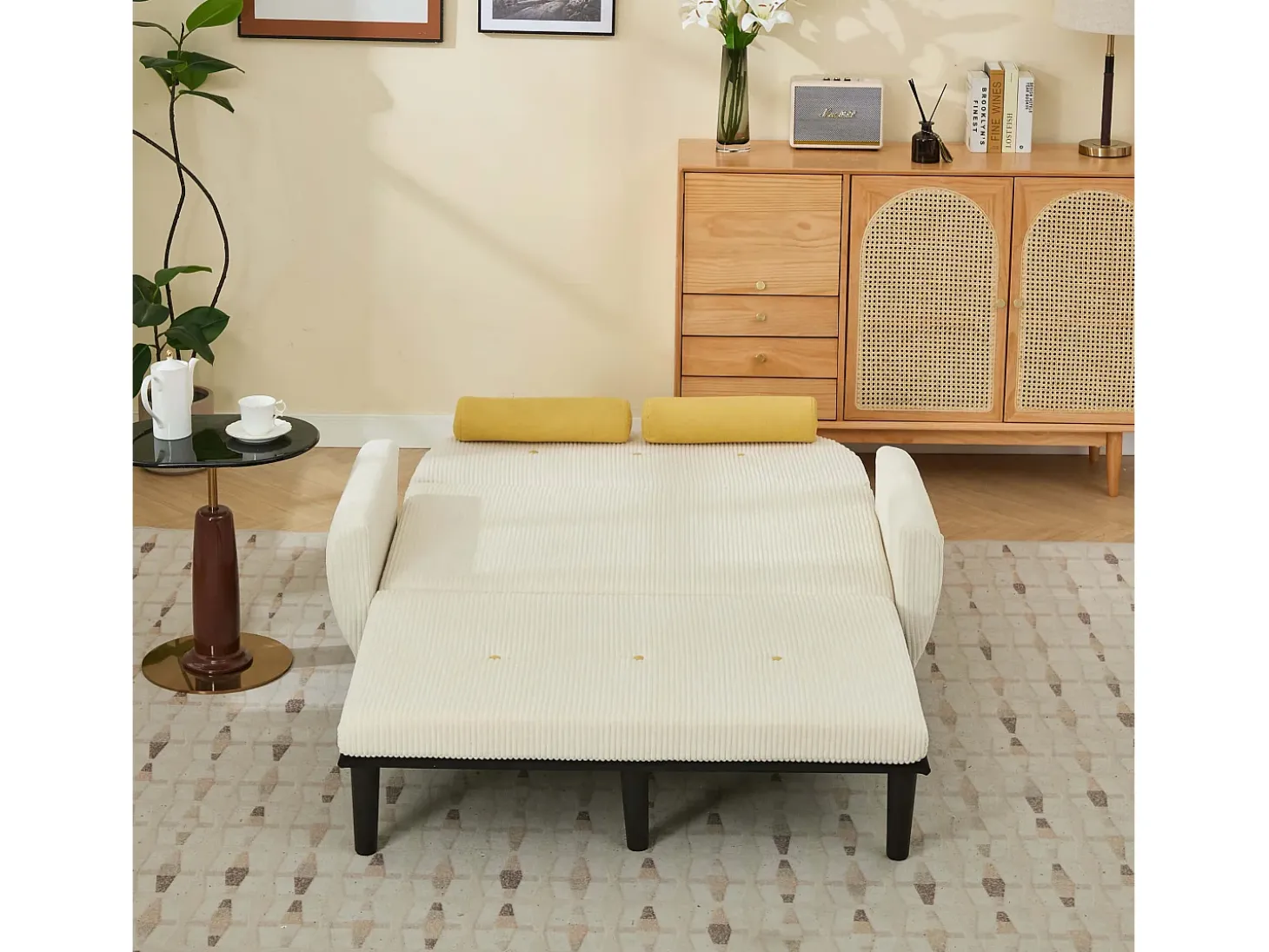 Sofá cama 2 plazas de pana marfil - convertible en cama o chaise longue