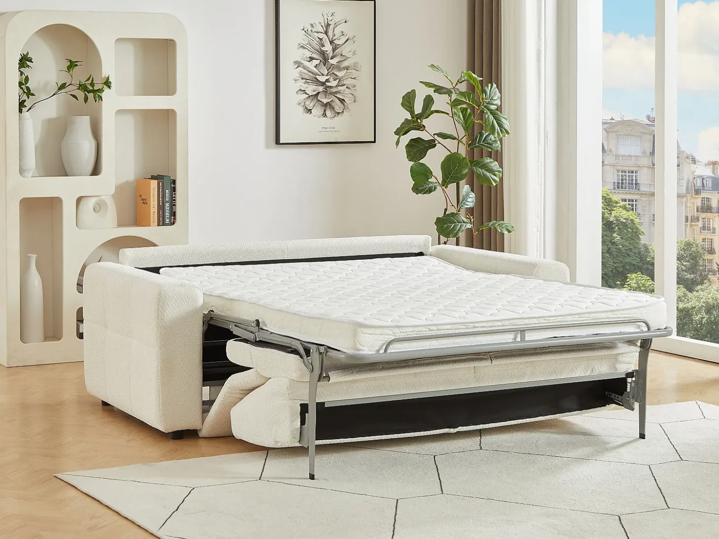 Sofá cama 3 plazas en chenilla beige con colchón de 12 cm ISISTIA
