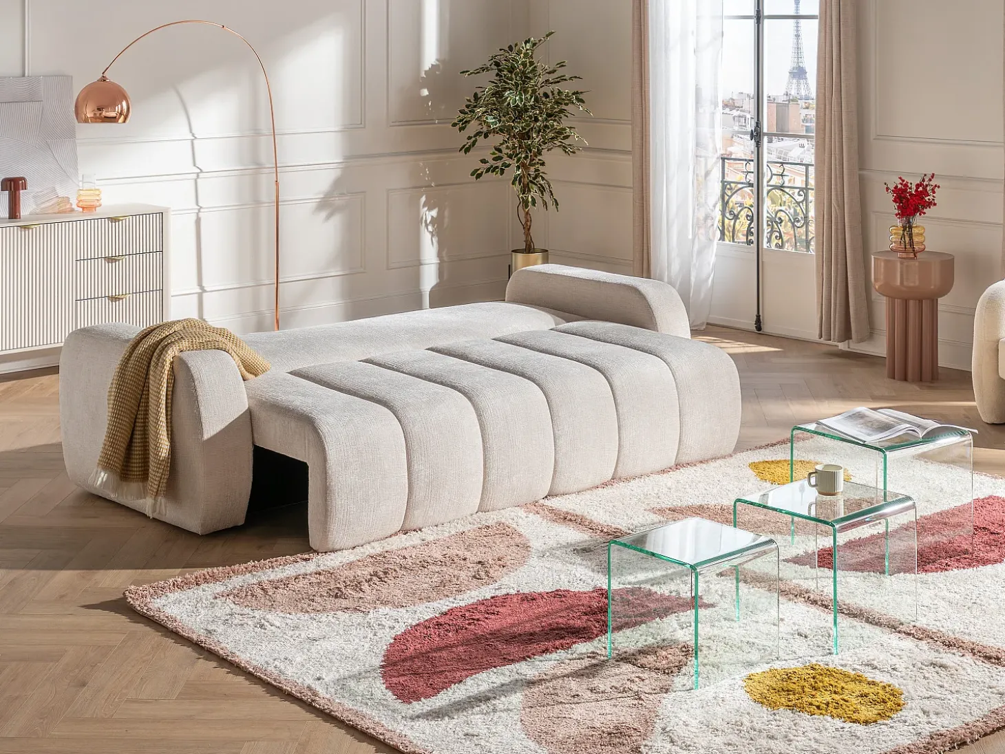 Sofá cama 3 plazas en chenilla beige TALIVO