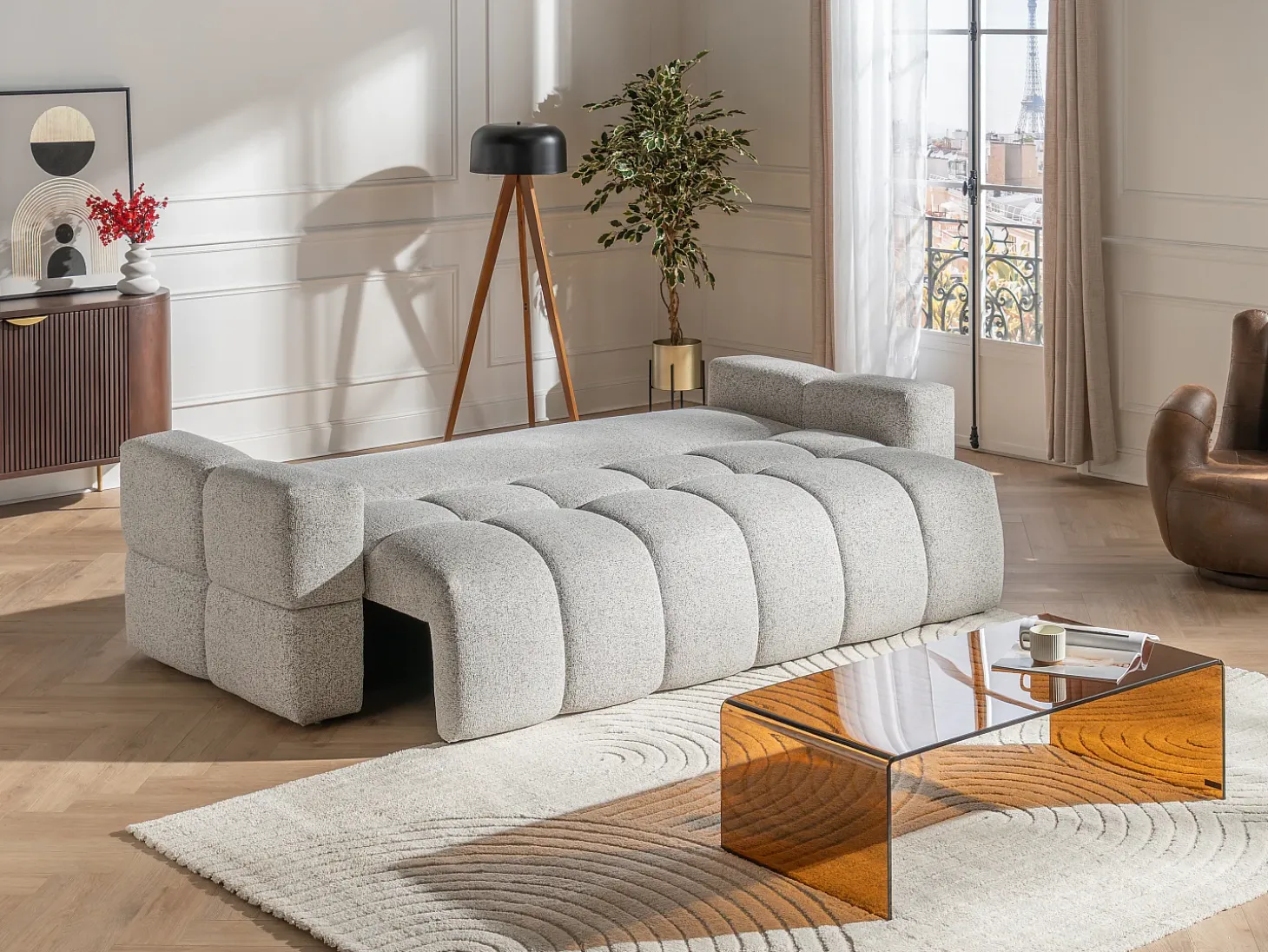 Sofá cama 3 plazas en tejido jaspeado gris claro ISSORO