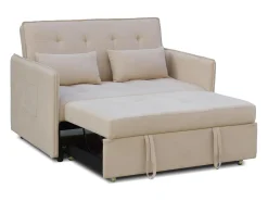 Sofá Cama 3 Posiciones con Sistema Clic-Clac – Convertible en Cama, Tapizado Beige, Estructura de Madera y Cojines Incluidos – 135x87x96 cm